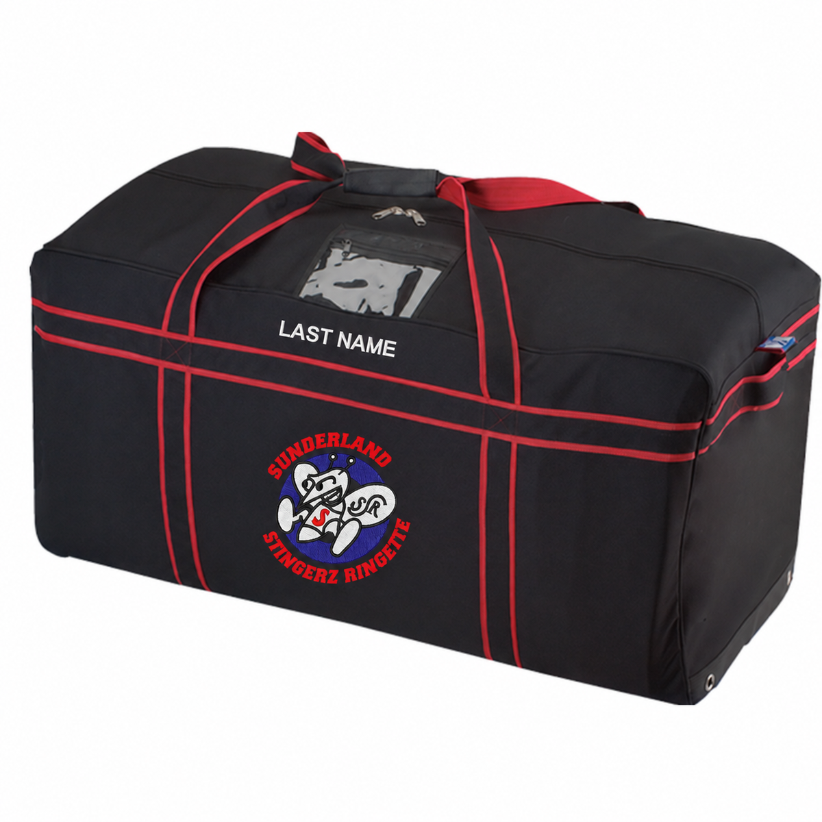 Black Equipment Bag with Sunderland Stingerz Ringette mascot crest and red outer lettering