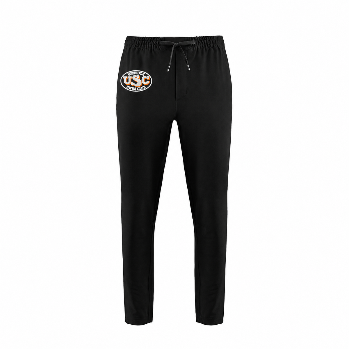 Black Uxbridge Swim Club adult Propel performance pants with white and orange logo embroidered near wearer's right pocket