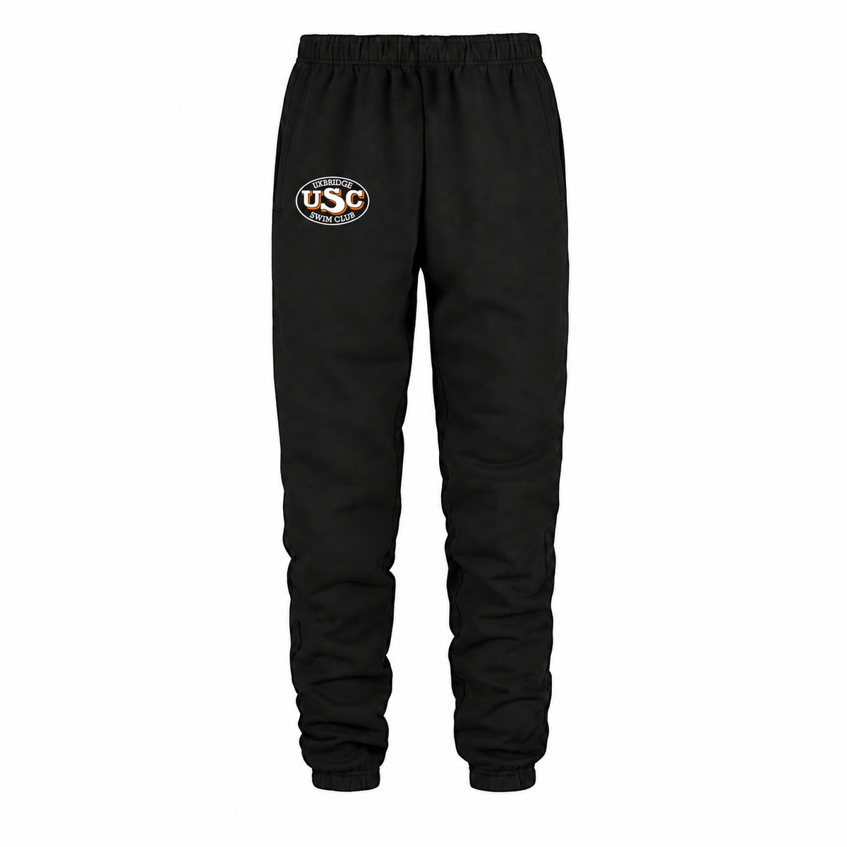 Black youth Dash sweatpants with small white and orange Uxbridge Swim Club logo near the wearer's right pocket