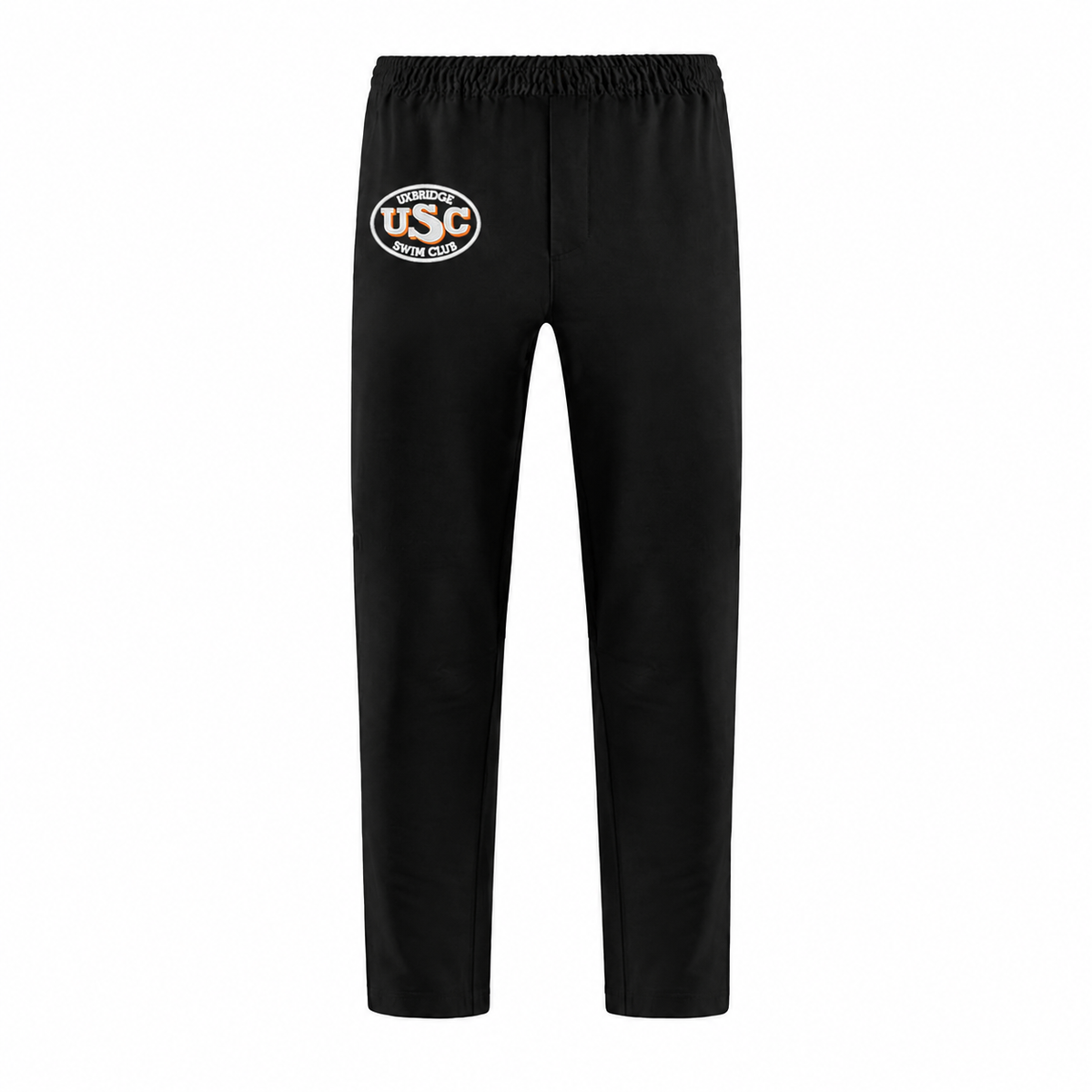 Black Uxbridge Swim Club youth Propel performance pants with white and orange logo embroidered near wearer's right pocket