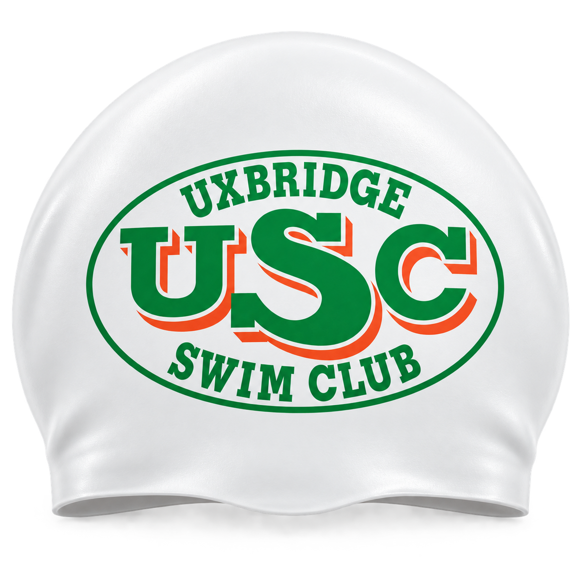 White swim cap with Uxbridge Swim Club logo