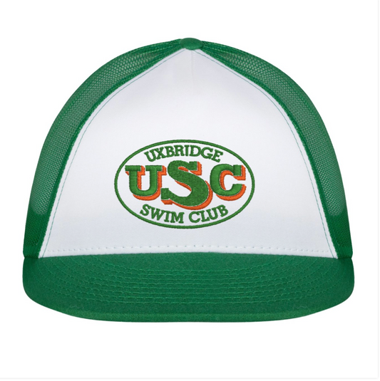 Uxbridge Swim Club Adult Baseball Cap -Trucker Hat Kelly Green and White
