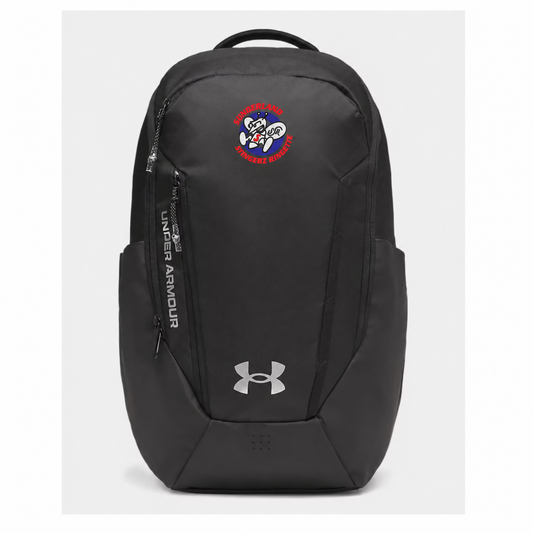 Black UA Backpack with Sunderland Stingerz Ringette mascot crest and red outer lettering
