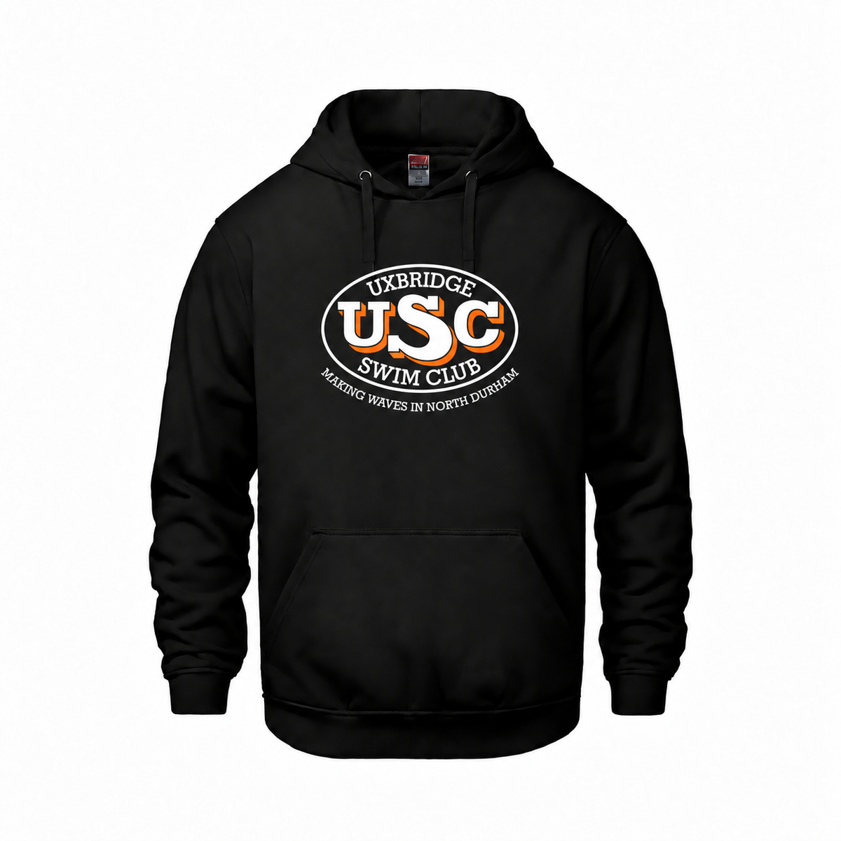 Black Uxbridge Swim Club adult Vault hoodie with large white and orange Making Waves in North Durham front print