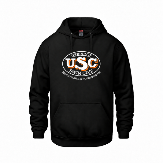 Black Uxbridge Swim Club adult Vault hoodie with large white and orange Making Waves in North Durham front print