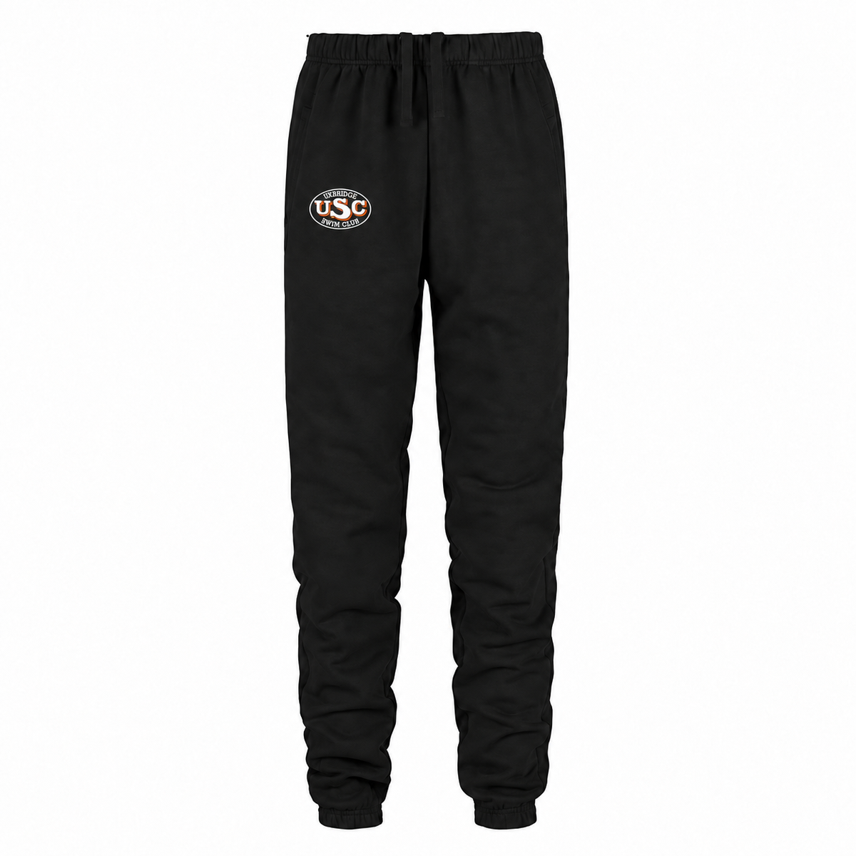 Black adult Dash sweatpants with small white and orange Uxbridge Swim Club logo near the wearer's right pocket