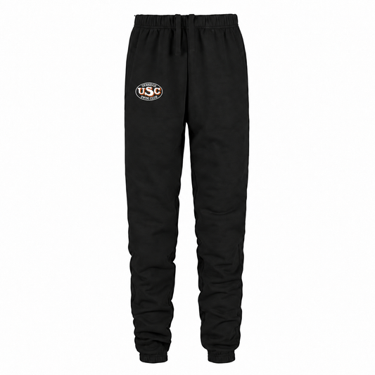 Black adult Dash sweatpants with small white and orange Uxbridge Swim Club logo near the wearer's right pocket