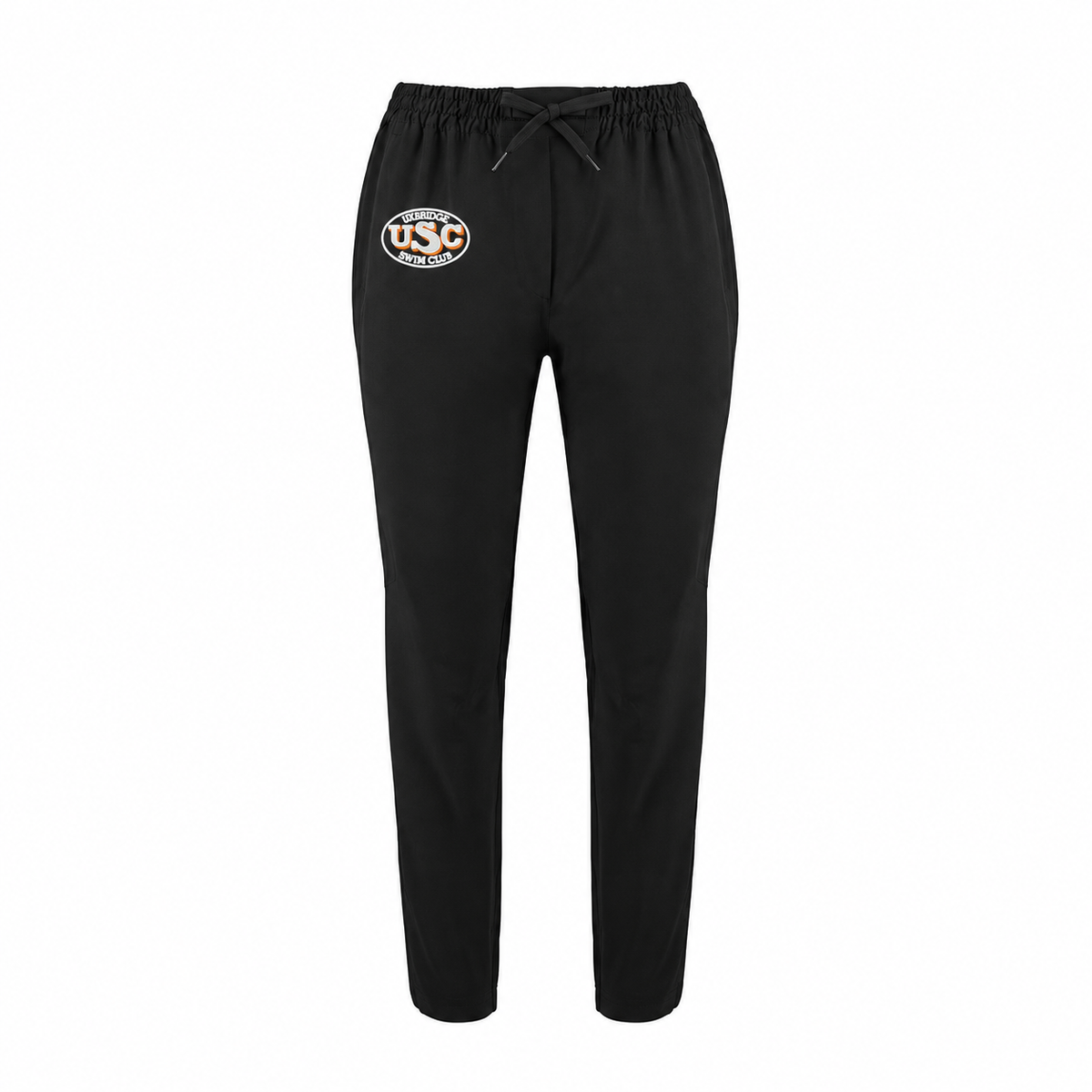 Black Uxbridge Swim Club ladies Propel performance pants with white and orange logo embroidered near wearer's right pocket