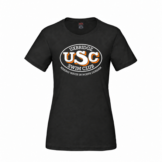 Black Uxbridge Swim Club ladies Parkour T-shirt with large white and orange Making Waves in North Durham front print