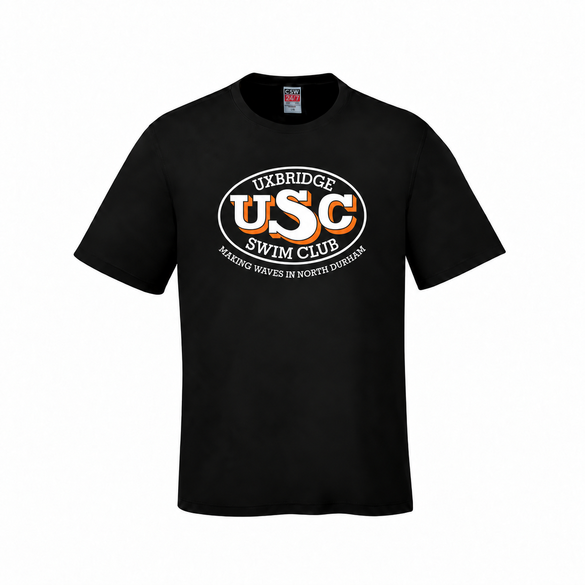 Black Uxbridge Swim Club youth Parkour T-shirt with large white and orange Making Waves in North Durham front print