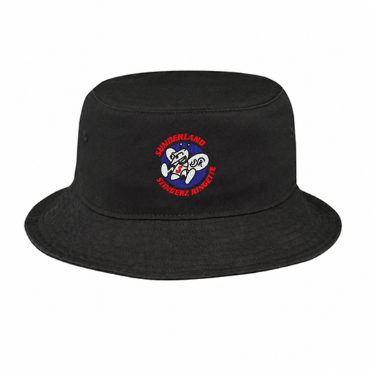 Black Bucket Hat with Sunderland Stingerz Ringette mascot crest and red outer lettering