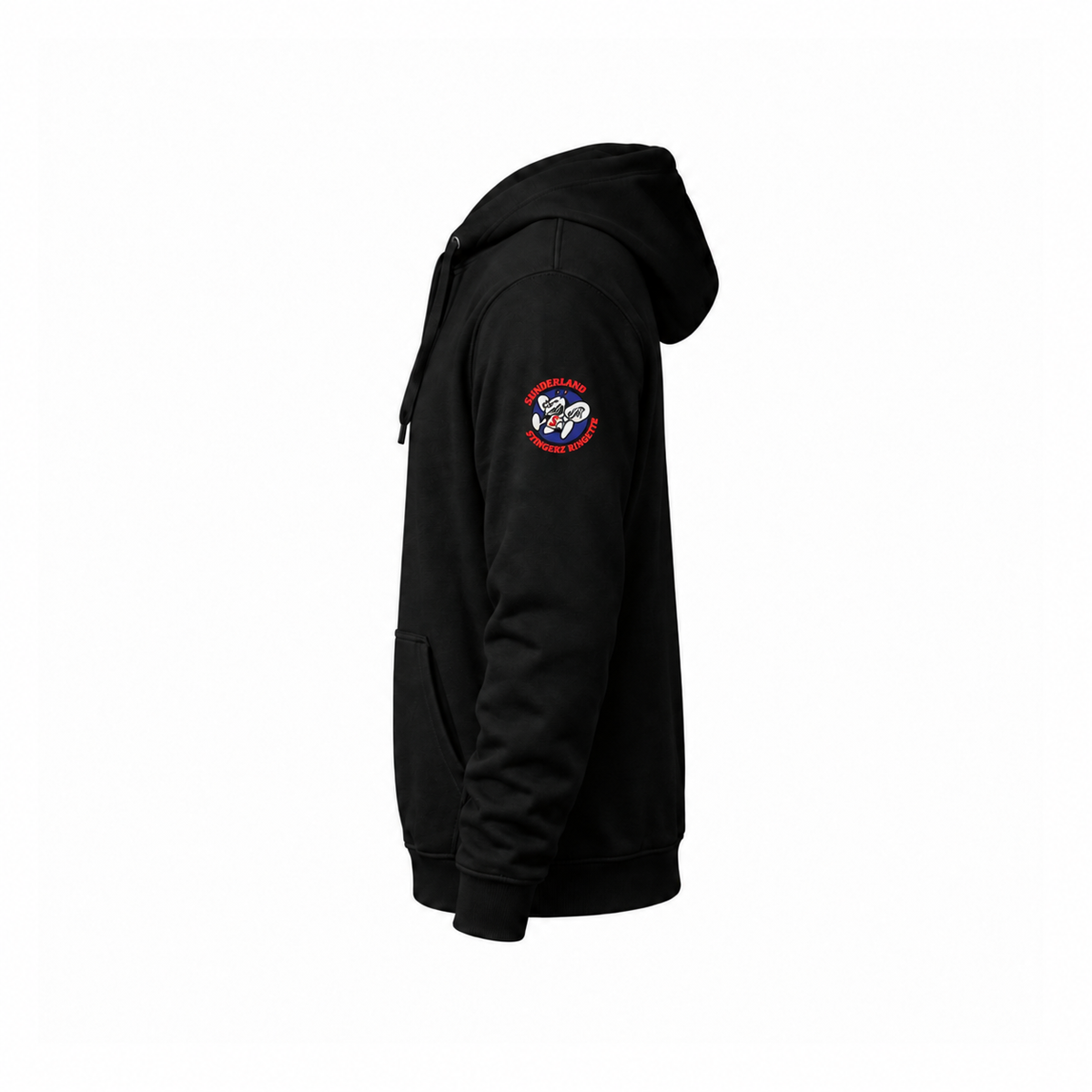 Sunderland Stingerz adult black varsity hoodie — left sleeve logo