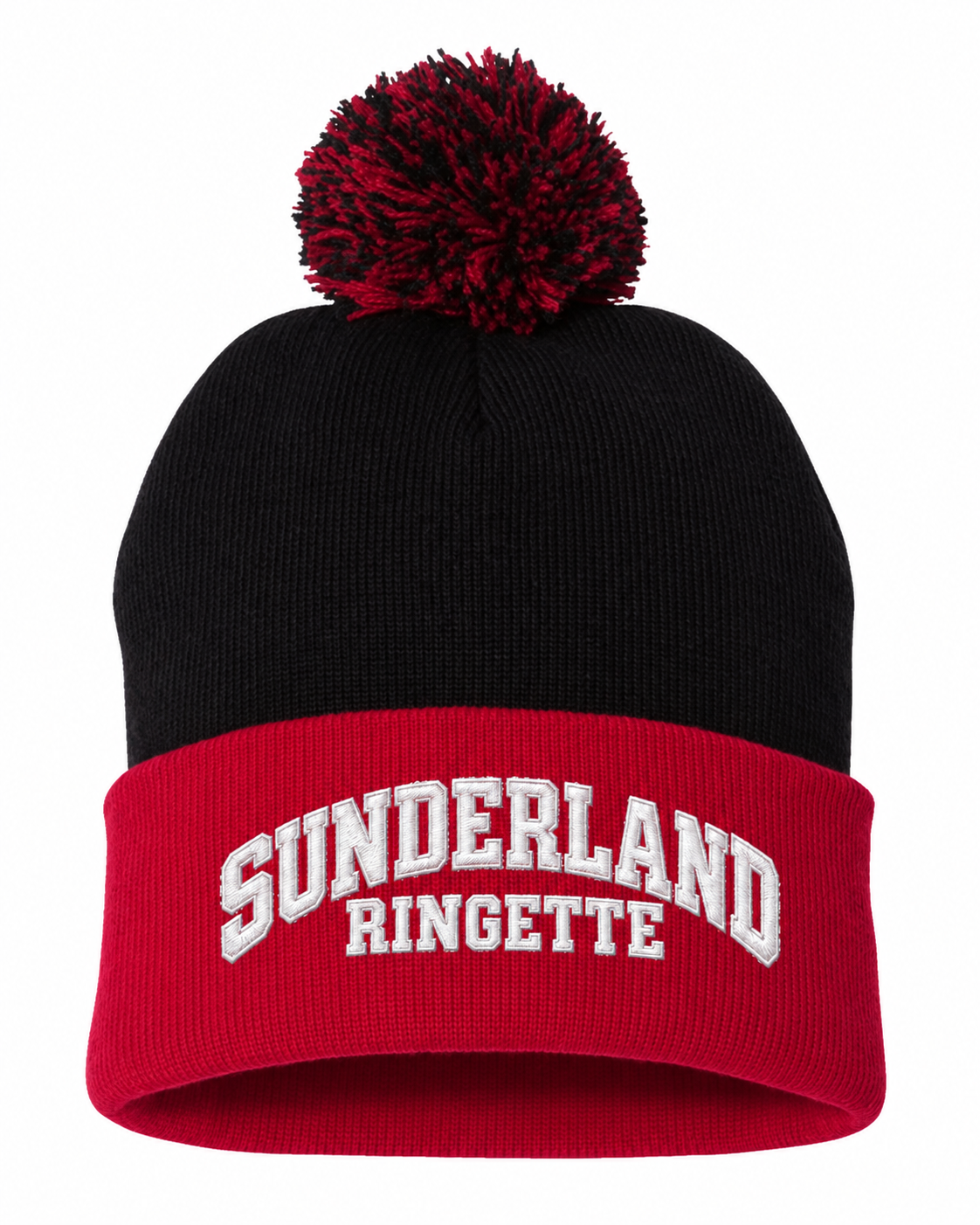 Black/Red Sunderland Stingerz Sportsman SP15 pom-pom toque with embroidered Sunderland Ringette lettering
