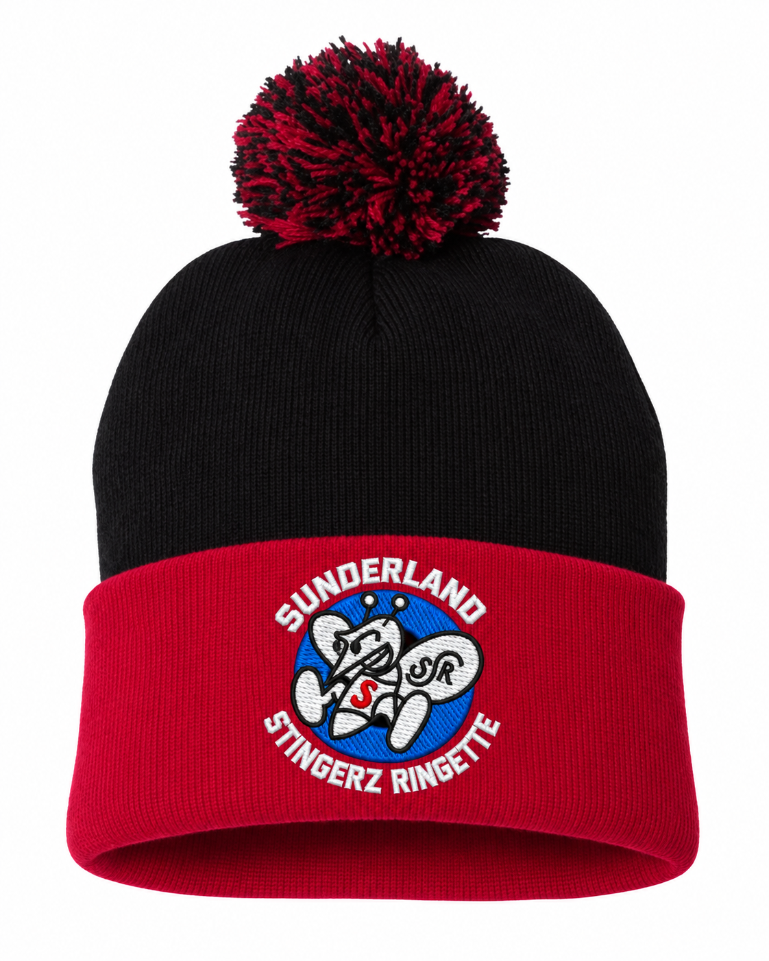 Black/Red Sunderland Stingerz Sportsman SP15 pom-pom toque with embroidered team logo