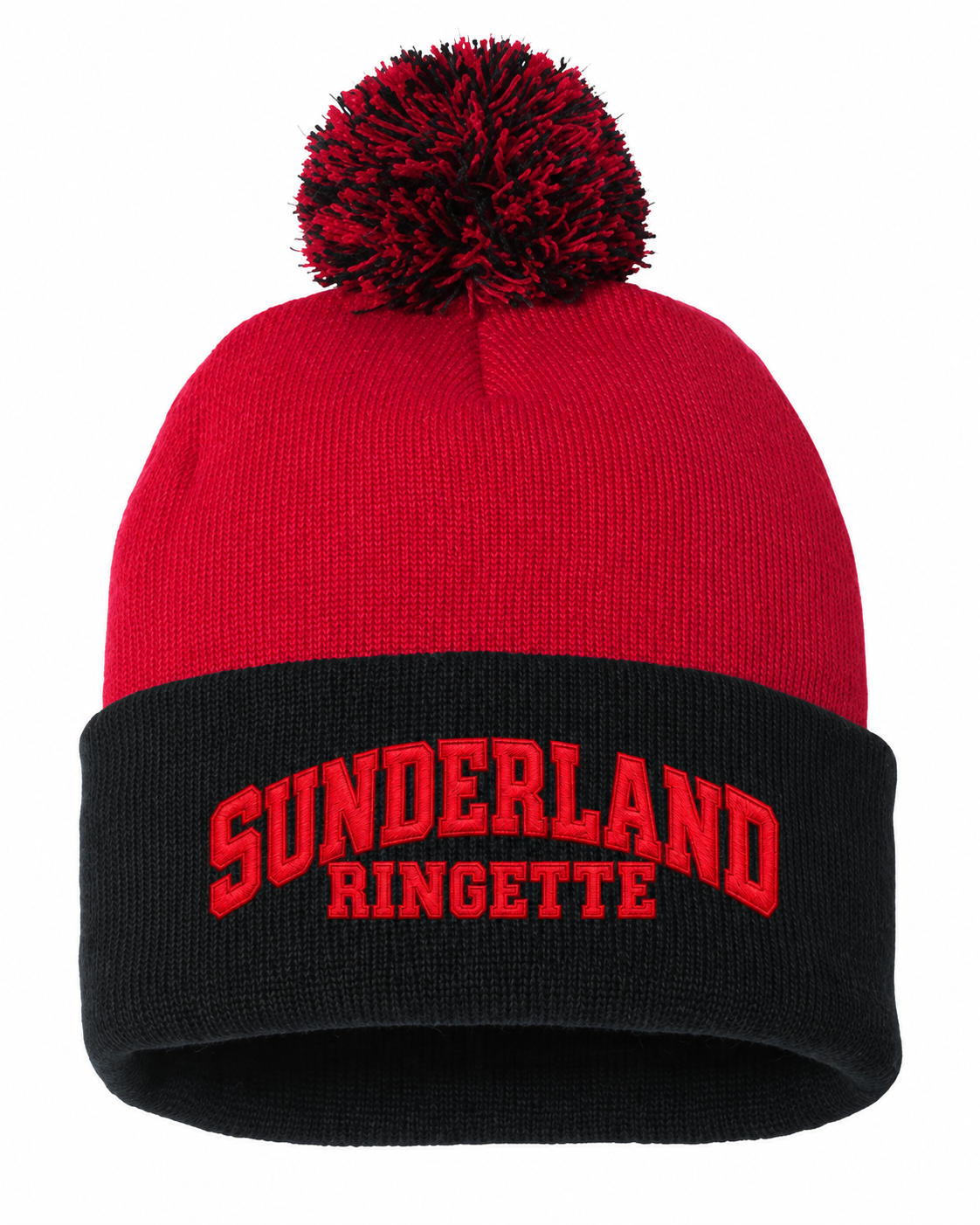 Red/Black Sunderland Stingerz Sportsman SP15 pom-pom toque with embroidered Sunderland Ringette lettering