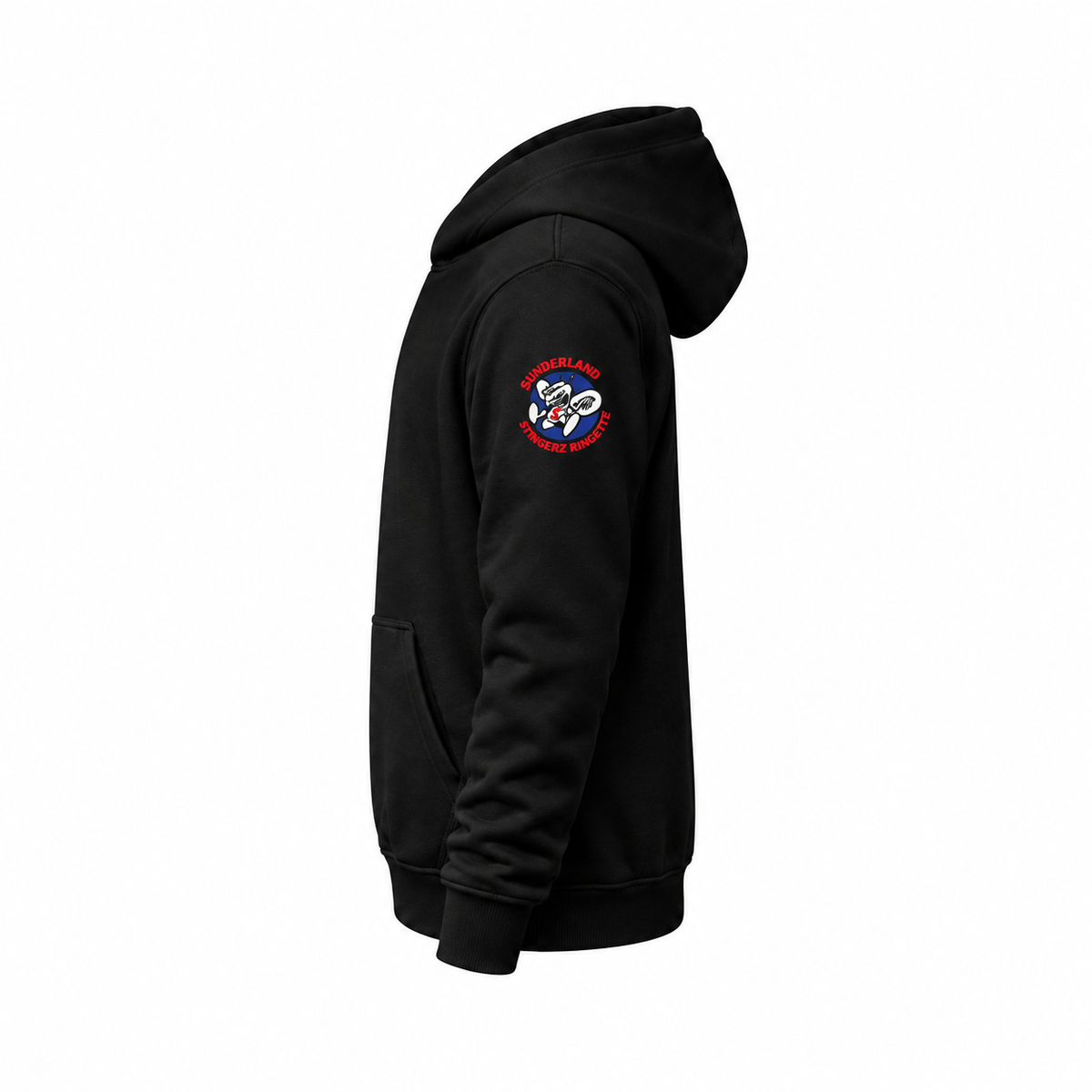Sunderland Stingerz youth black varsity hoodie — left sleeve logo