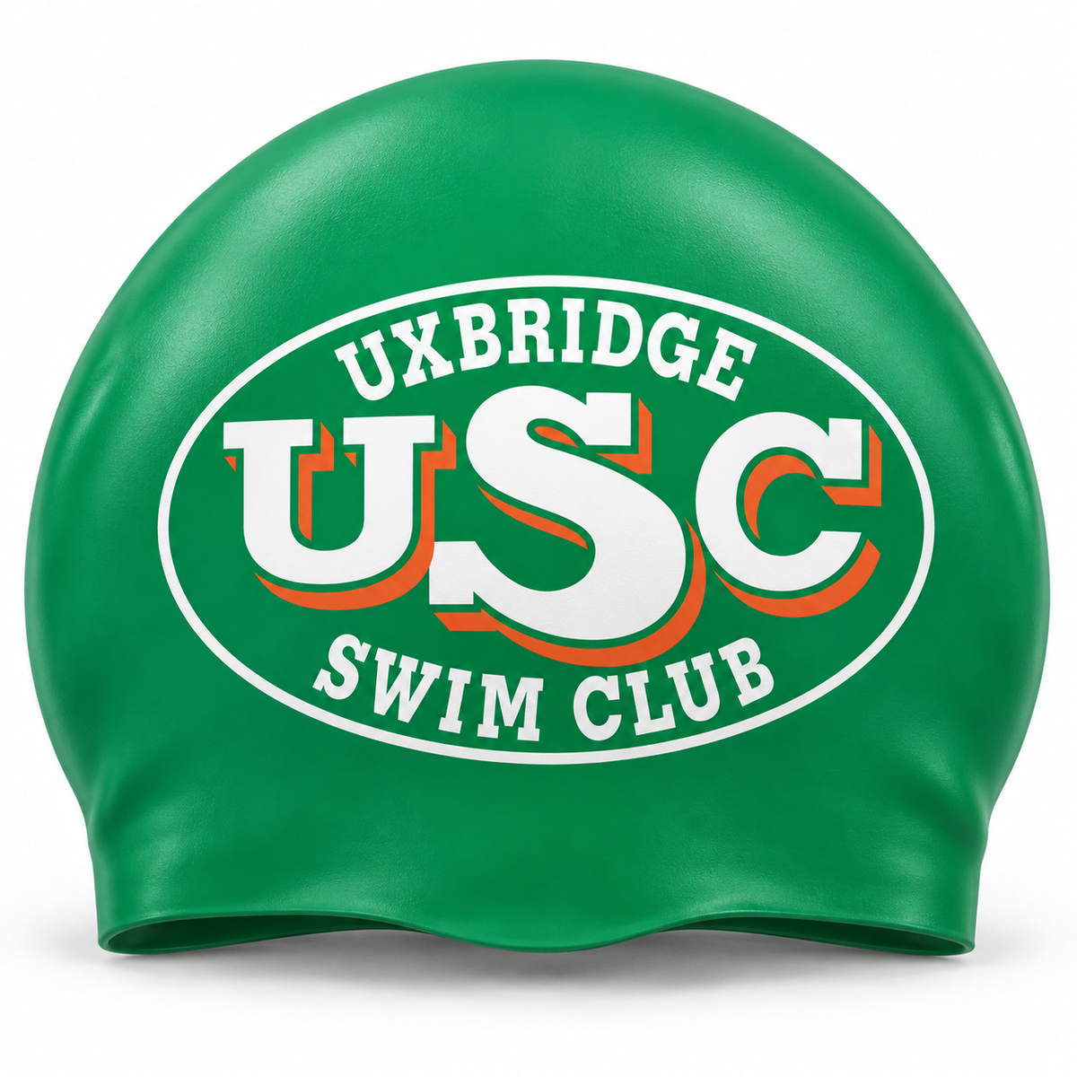 Green swim cap with Uxbridge Swim Club logo