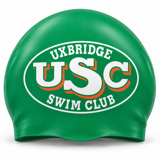 Green swim cap with Uxbridge Swim Club logo