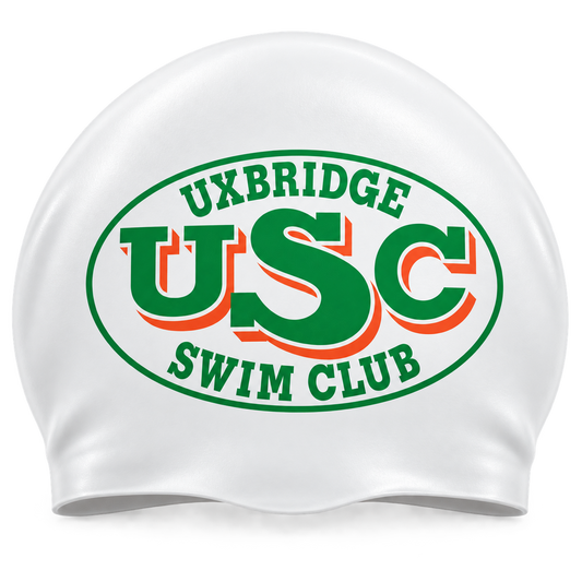 White swim cap with Uxbridge Swim Club logo